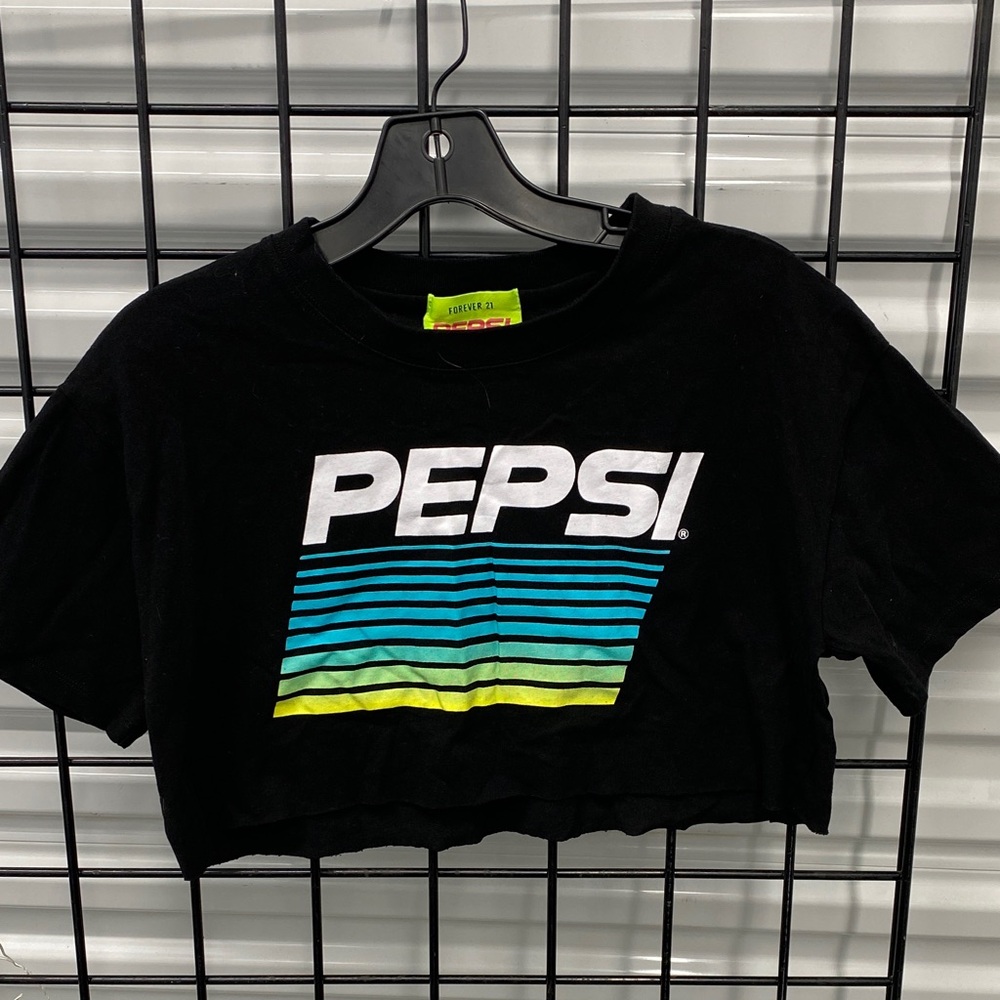 Pepsi Black Tee with White Logo and Teal-to-Lime Stripes